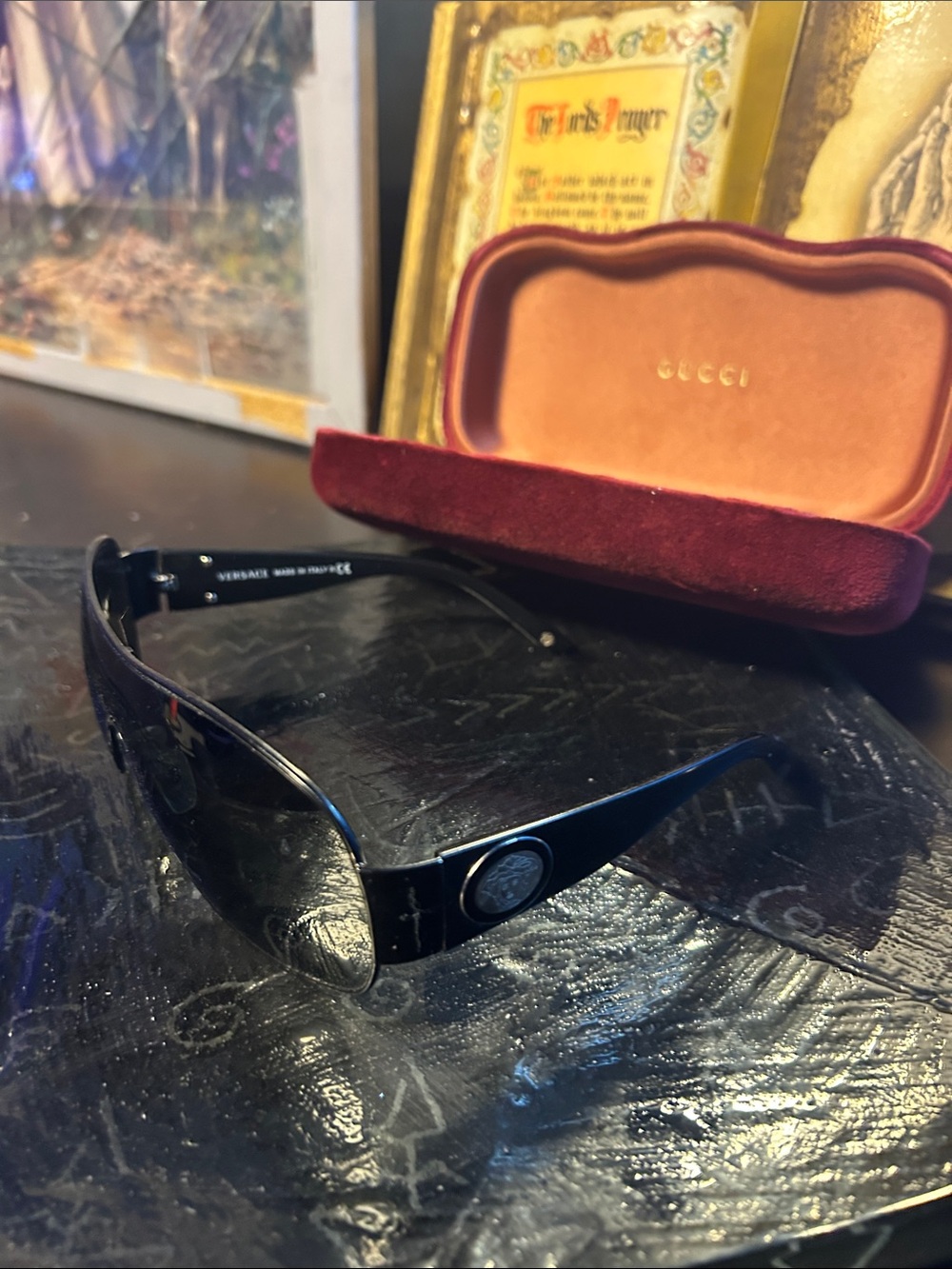 Vintage Versace Black Wrap Shield Sunglasses with Medusa Coin Accent made italy